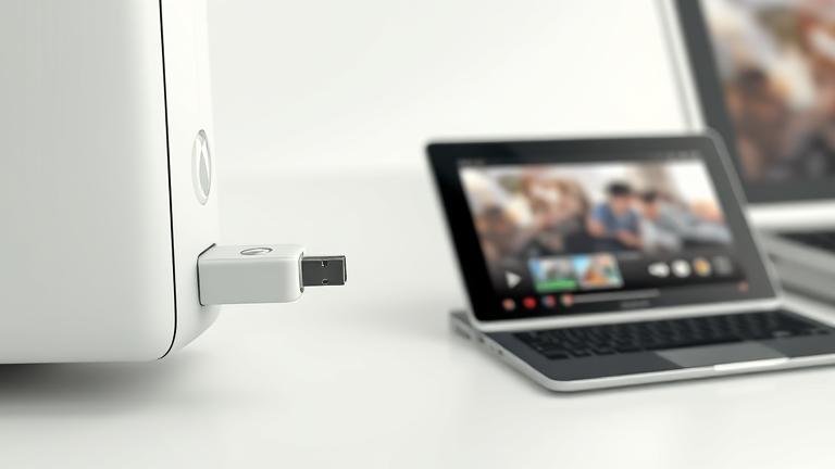 alt_text: Xbox 360 connected to USB with a device, showing video transfer progress on a nearby screen.