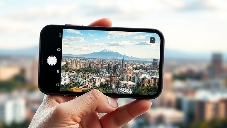 alt_text: Demonstration of iPhone 12 ultra-wide camera capturing a scenic landscape.