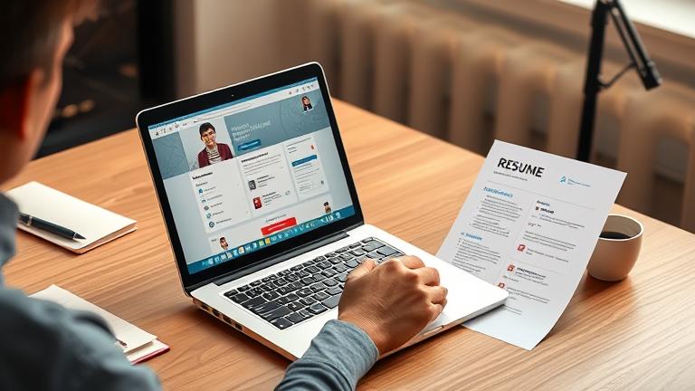alt_text: Person at desk transforms LinkedIn profile on laptop into a polished resume in warm light.
