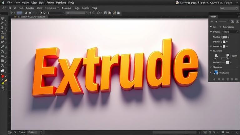 alt_text: A realistic 3D extrusion effect in Photoshop with interface elements, highlights, and shadows.