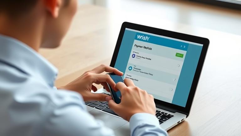 alt_text: Person managing payment methods on "Wish" app in a bright, professional setting.