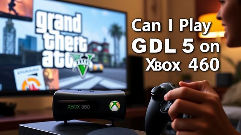 alt_text: Xbox 360 4GB with GTA 5 scene, user excited in cozy setup, asking "Can I Play GTA 5?"