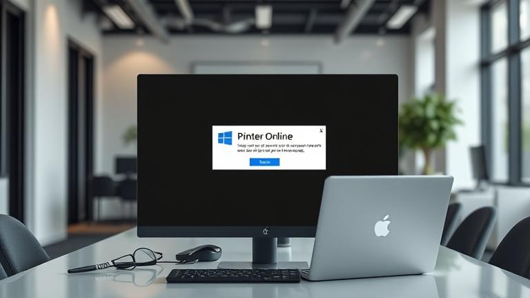 alt_text: Person troubleshooting offline printer on Windows 10 in modern office with tools and setup.