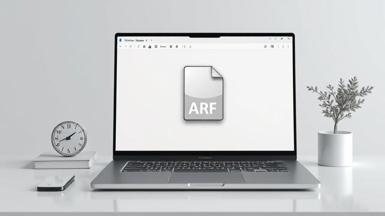 alt_text: Modern workspace showing a person opening an ARF file on a laptop with related tools nearby.