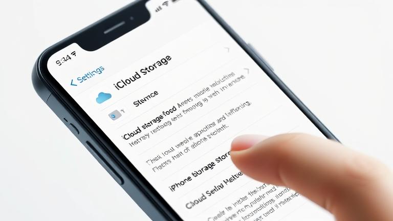 alt_text: iPhone screen showing storage alert, Settings, iCloud management, person tapping confidently.