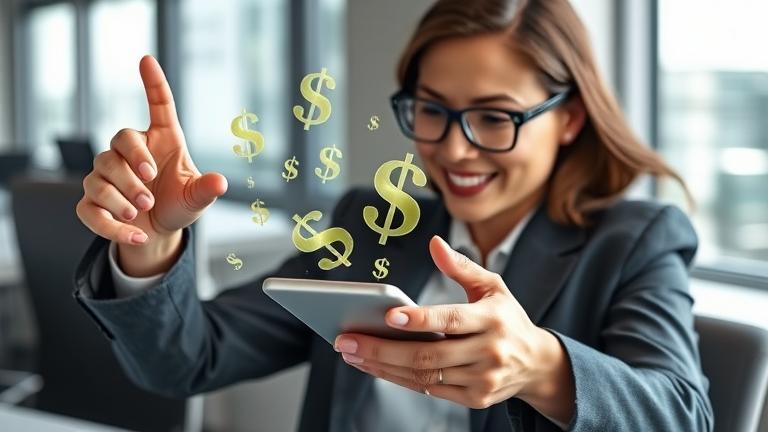 alt_text: Confident person managing finances on digital device, dollar signs fading away, modern setting.