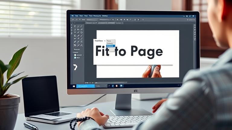alt_text: Person using Photoshop on a monitor, highlighting "Fit to Page" in a professional workspace.