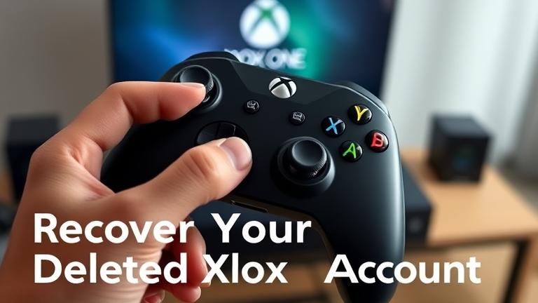 alt_text: Hand holding Xbox controller with account icon, "Recover Your Deleted Xbox Account" overlay.