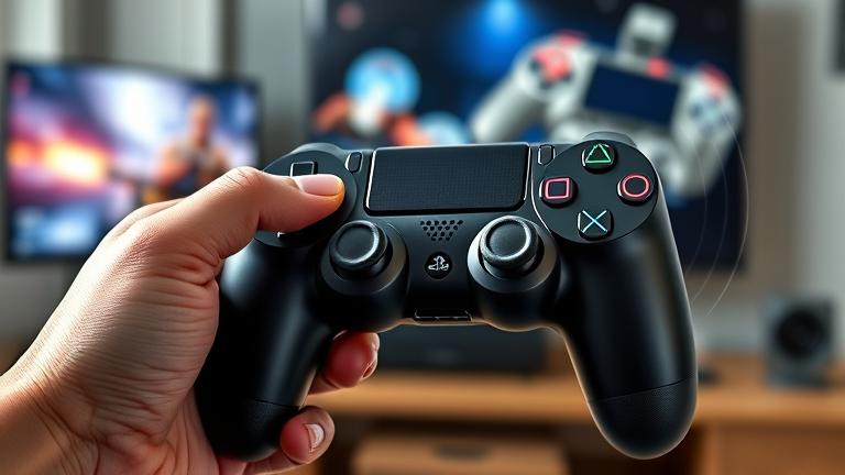 alt_text: Person holding a PS4 controller with vibration effects in a gaming setup background.