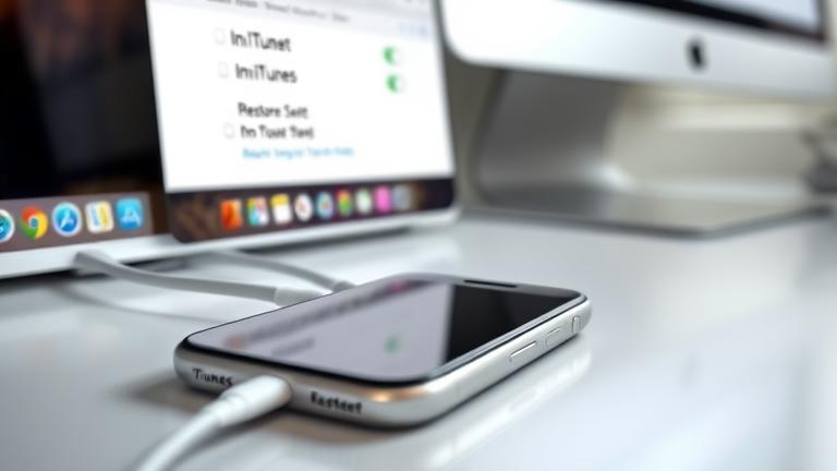 alt_text: Close-up of iPhone connected to computer showing iTunes restore/reset in progress.