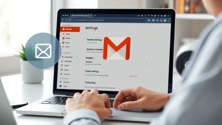 alt_text: Person managing Gmail settings on laptop, highlighting account deletion options with icons.