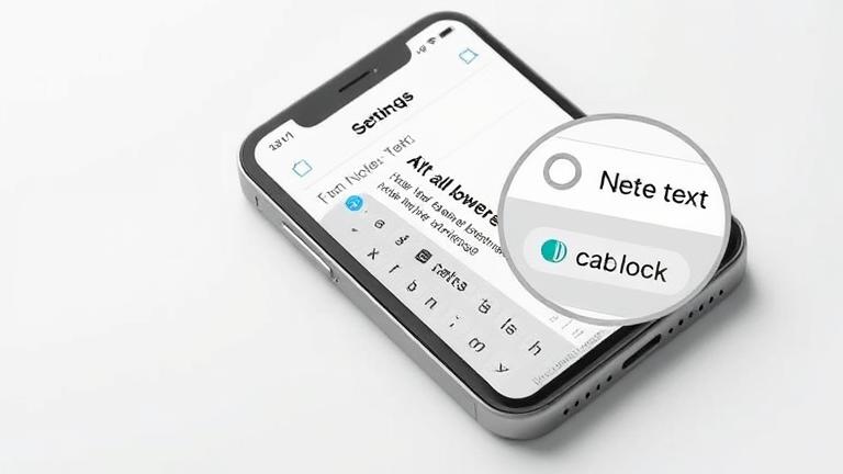 alt_text: iPhone screen showing lowercase text, with a magnified keyboard highlighting shift key.