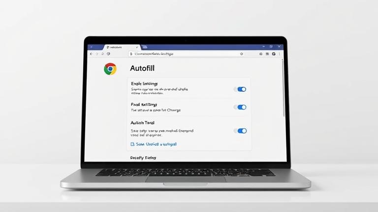 alt_text: Modern laptop displaying Chrome Autofill settings in a clean, professional desktop scene.