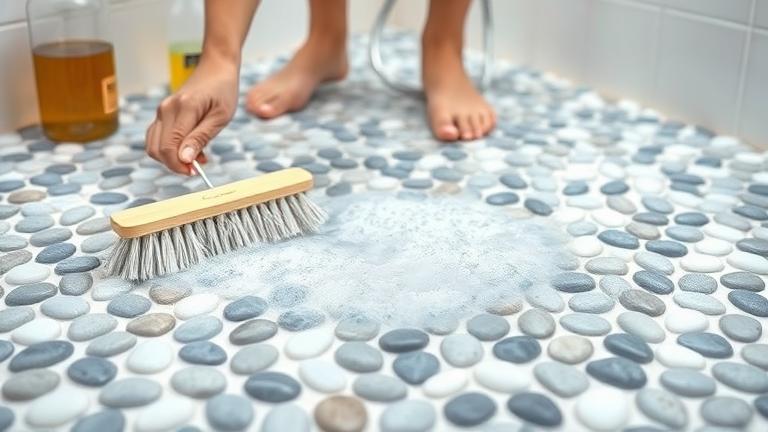 alt_text: Person cleaning pebble shower floor with brush and natural cleaner in a bright, modern bathroom.
