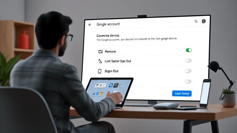 alt_text: Person managing Google account devices on laptop, with device list and sign-out options.