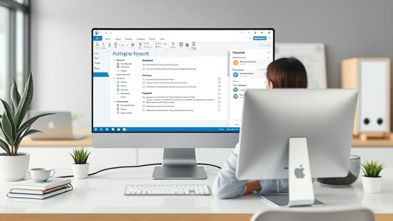 alt_text: Person disconnecting Outlook on screen, managing sync settings in a professional workspace.