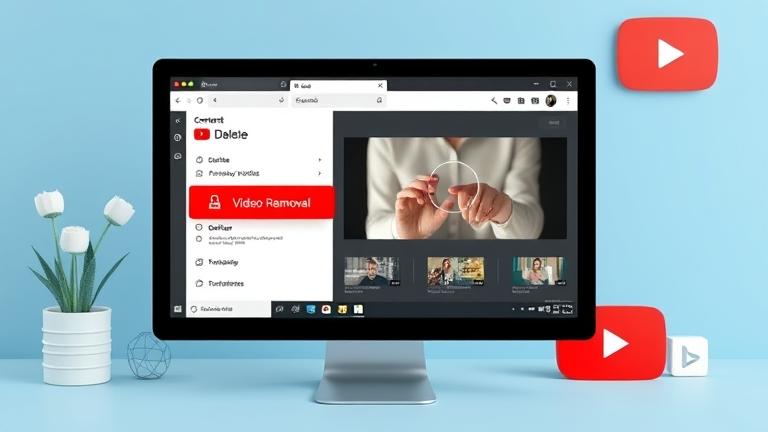 alt_text: YouTube Studio screen with delete option, hand clicking, icons, and YouTube logo.