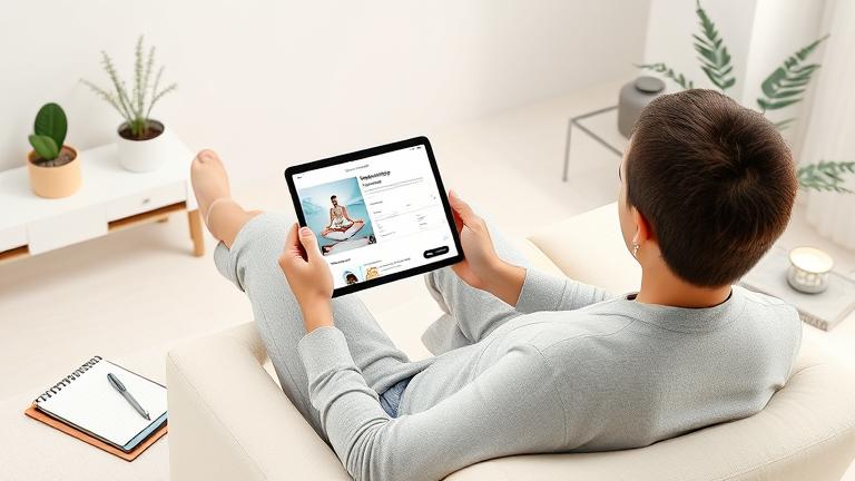 alt_text: Person relaxes at a modern desk with Headspace app on a device, amid calming decor.