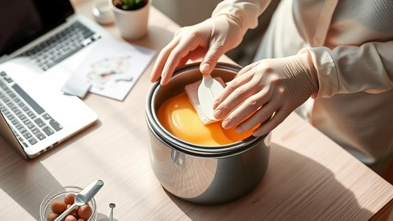 alt_text: Person cleaning a waxing pot with gloves in a tidy, professional workspace.