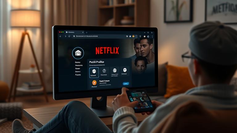 alt_text: Person managing or deleting a Netflix profile on device in cozy, modern space.