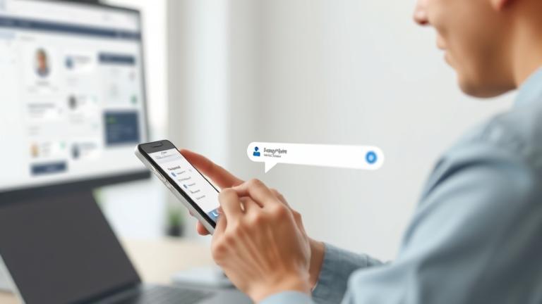 alt_text: Person using device to search contacts on Whitepages with a clean, modern look.