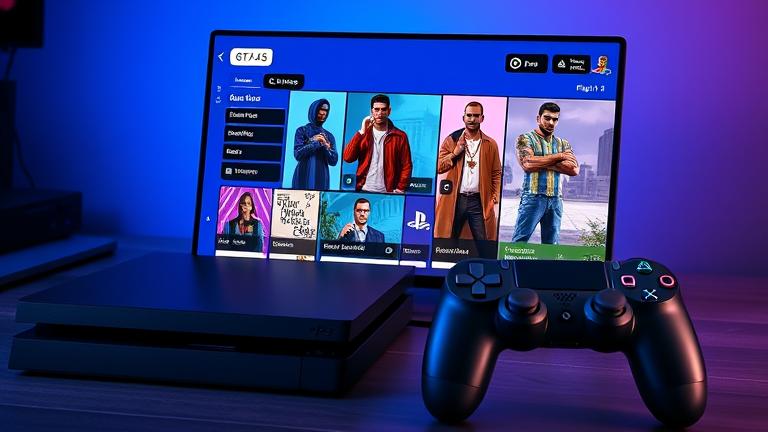 alt_text: PS4 setup with GTA 5 character customization screen, console, controller, vibrant visuals.