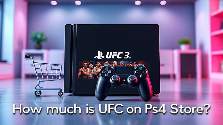 alt_text: PS4 with UFC 3 cover, digital themes, shopping icons, vibrant colors, gaming excitement.