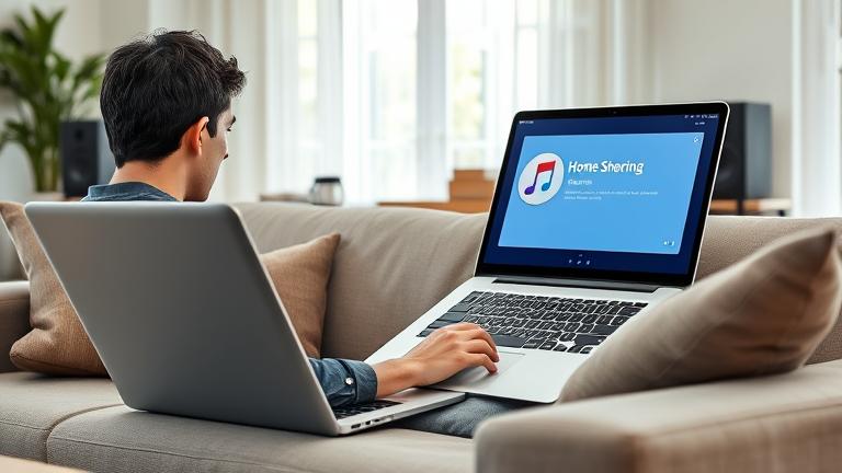alt_text: Frustrated user with laptop displaying iTunes error on home sharing in a cozy living room.