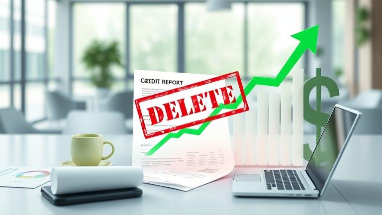 Credit score rising after pay-for-delete, with digital finance tools and erase symbols.