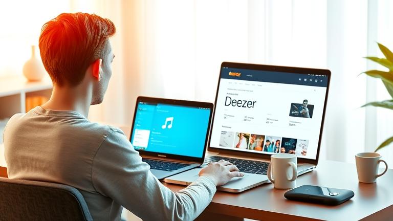 alt_text: Person at a desk with Deezer app on laptop, phone, headphones, and coffee, in a cozy room.