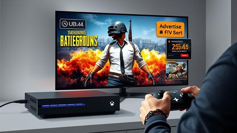 alt_text: Gamer with controller ads PUBG on Xbox, shown on TV with marketing graphics.