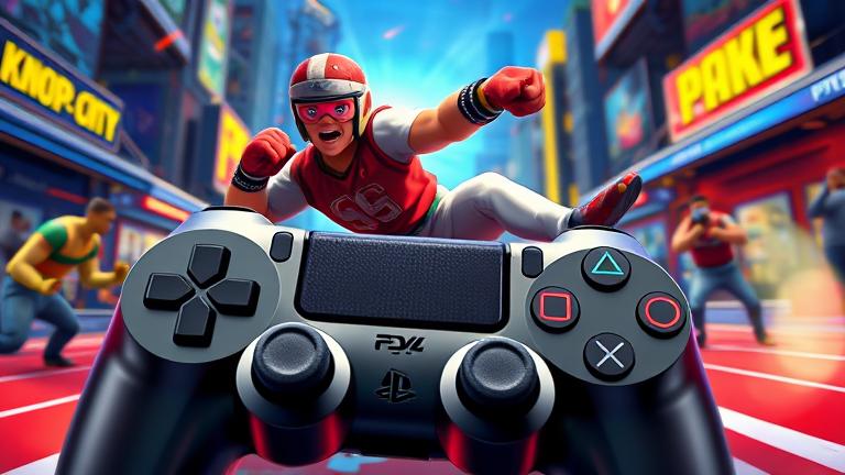 Vivid action scene of a player faking a throw in Knockout City on PS4, vibrant and dynamic.