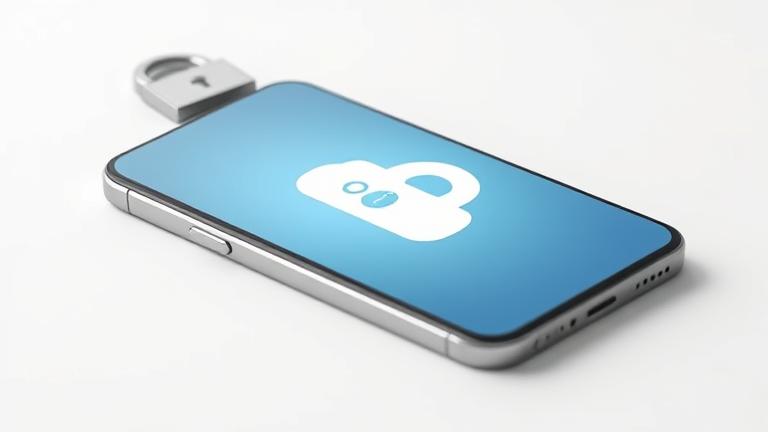 alt_text: Modern smartphone with lock icon, surrounded by security symbols, highlighting iCloud lock.