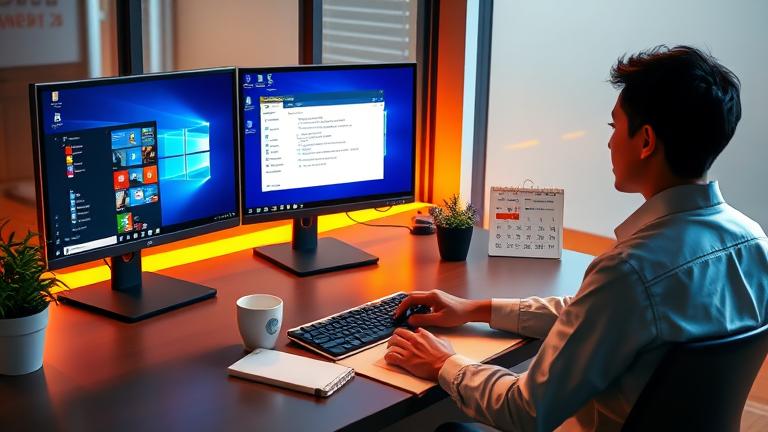 alt_text: Modern workspace with person customizing Windows 7 RTM desktop, PC setup, and productivity tools.