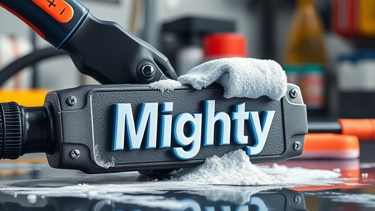 alt_text: A detailed scene of cleaning a strong "Mighty" tool with brushes and cloths in a bright workspace.