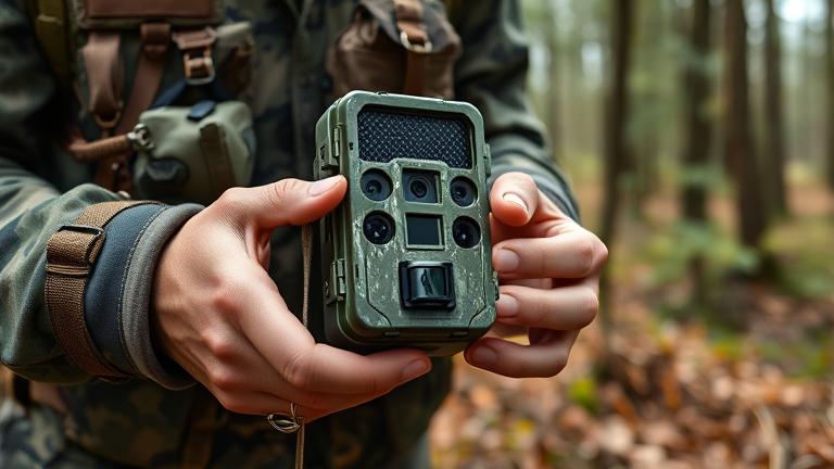 alt_text: Person in outdoor gear inspecting a trail camera in a forest setting.