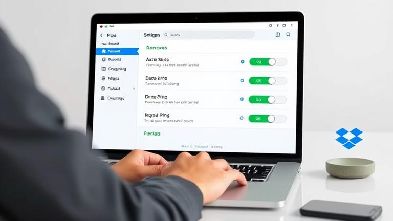 alt_text: Person manages Dropbox devices on laptop in a modern workspace, disconnecting a device.