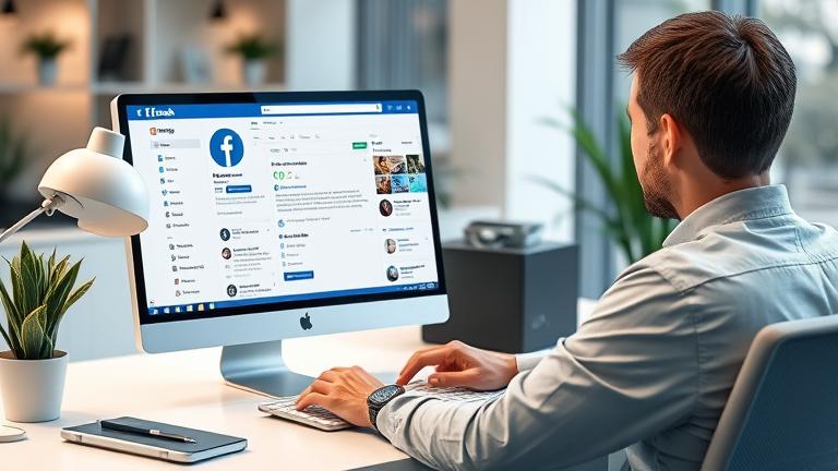 alt_text: Person managing Facebook account settings on a laptop in a modern workspace.