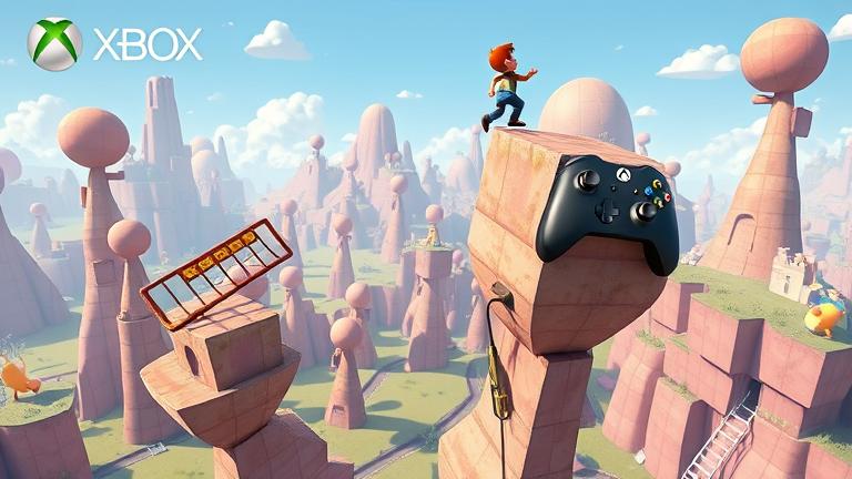 alt_text: Player climbs quirky structures in a colorful, cartoonish "Human Fall Flat" style.