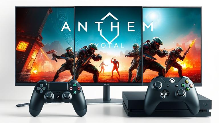 alt_text: "Anthem game on PS4 and Xbox with vibrant sci-fi scenes, controllers, and gaming setup."