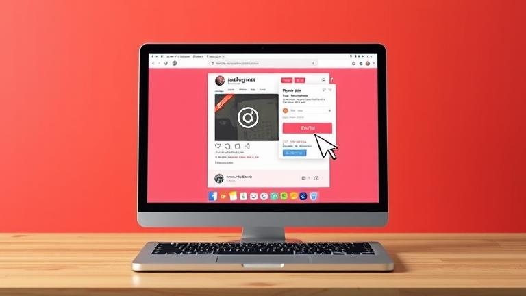 alt_text: Laptop screen showing Instagram delete post steps with cursor and guidance icons.