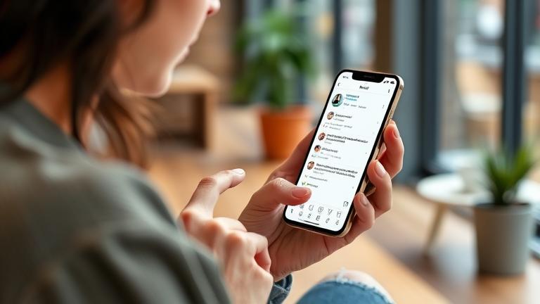alt_text: Person interacts with Instagram comments on phone in a bright, modern setting.