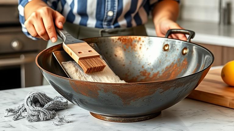 alt_text: Person restoring a rusty wok with steel wool and natural cleaners on a bright kitchen counter.