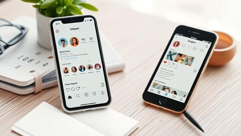 alt_text: Smartphone shows Tinder with Instagram info, surrounded by notes and calendar in a clean style.