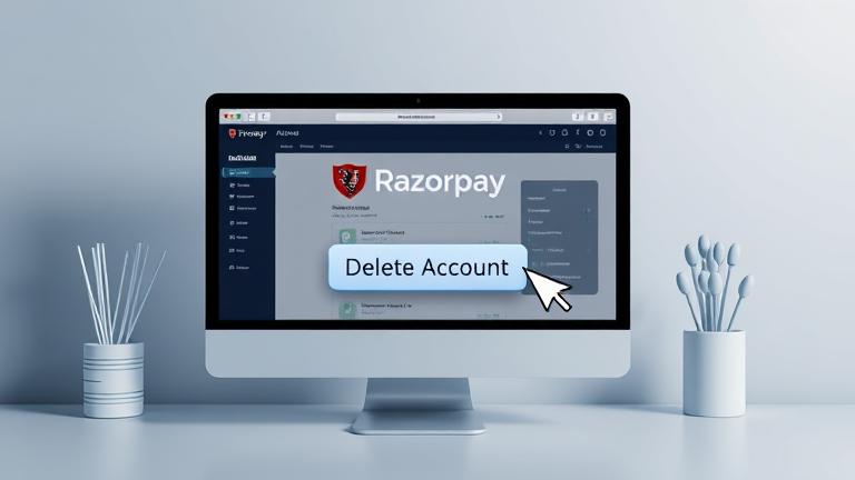 alt_text: Razorpay dashboard on screen with 'Delete Account' button highlighted for user guidance.