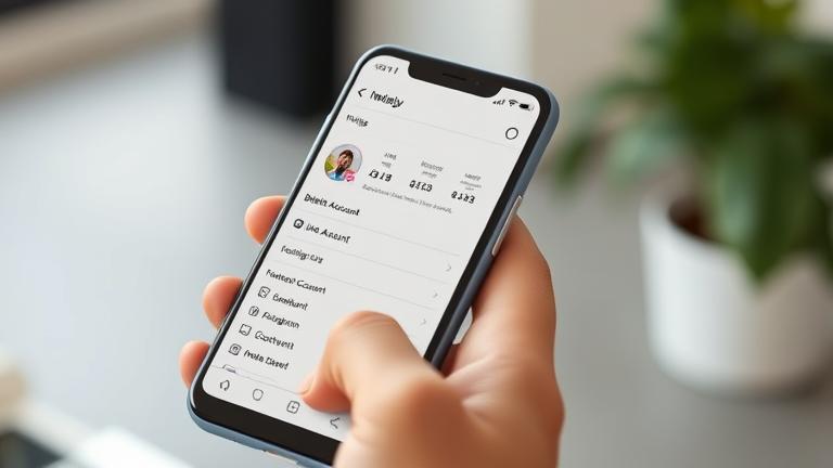 alt_text: Close-up of a person holding Android phone with Instagram settings open, highlighting "Delete Account."