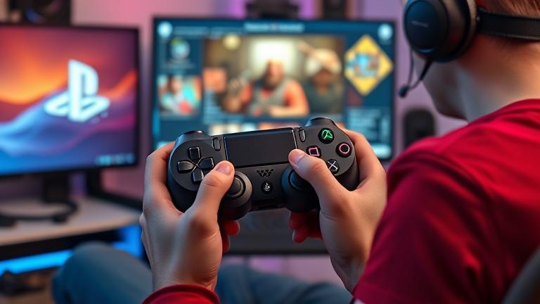 alt_text: Person with PS4 controller and headset gaming on PC, featuring Team Fortress 2 interface.