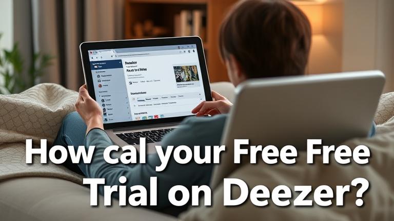 Person at home canceling Deezer free trial on tablet, cozy setting, music elements, text overlay.