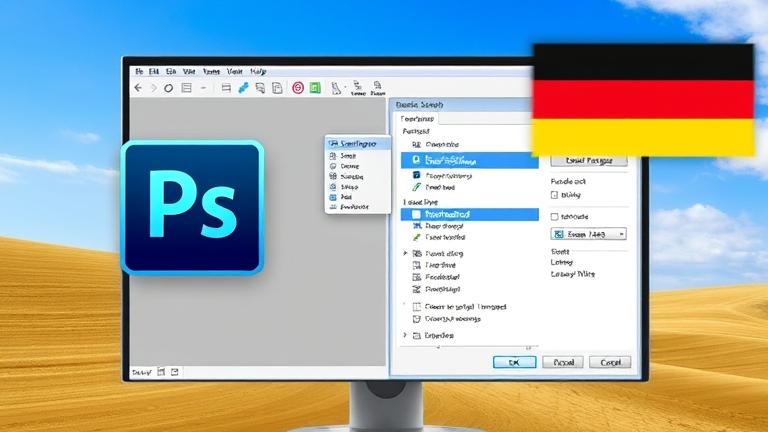 alt_text: Photoshop CS6 screen showing language settings, with menus open highlighted for changing language.