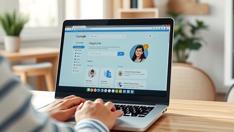 alt_text: Person uses laptop with Google Family Link dashboard, in a modern, tidy home workspace.